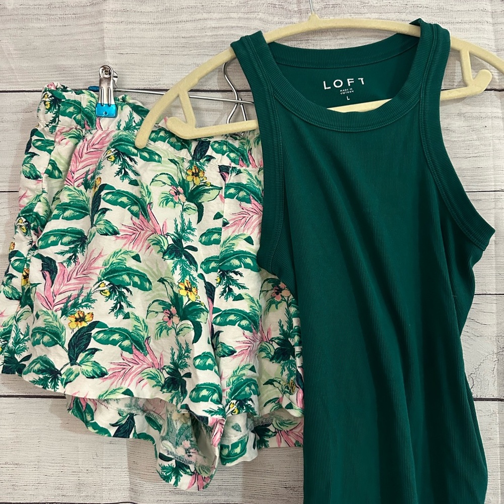 LOFT Green Tank Top and Tropical Print Shorts Set